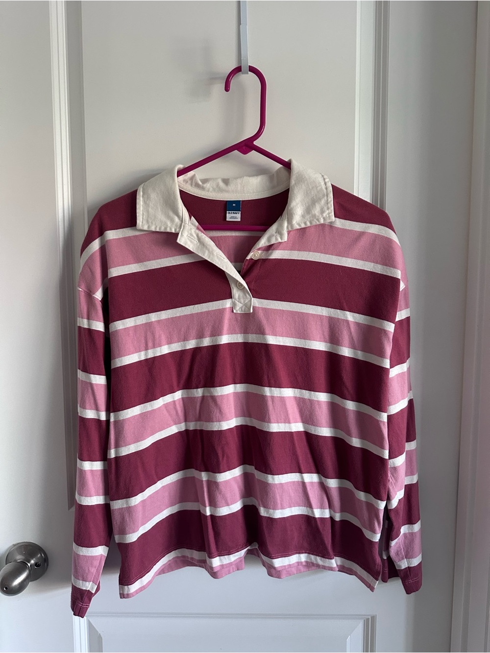 Old Navy Striped Rugby Long Sleeve Top in Burgundy, Pink & White